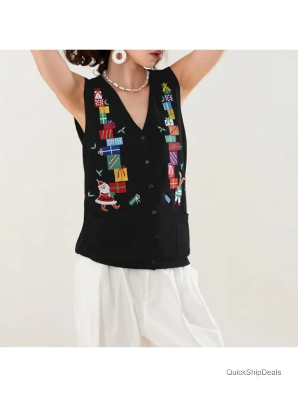 Womens Christmas Button Sweater Vest Embroidery Sleeveless Cardigan